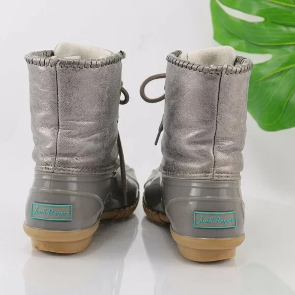 Jack Rogers Womens Hayley Duck Boot Size 8 Gray Silver Lace-Up Rubber Leather - Picture 7 of 12